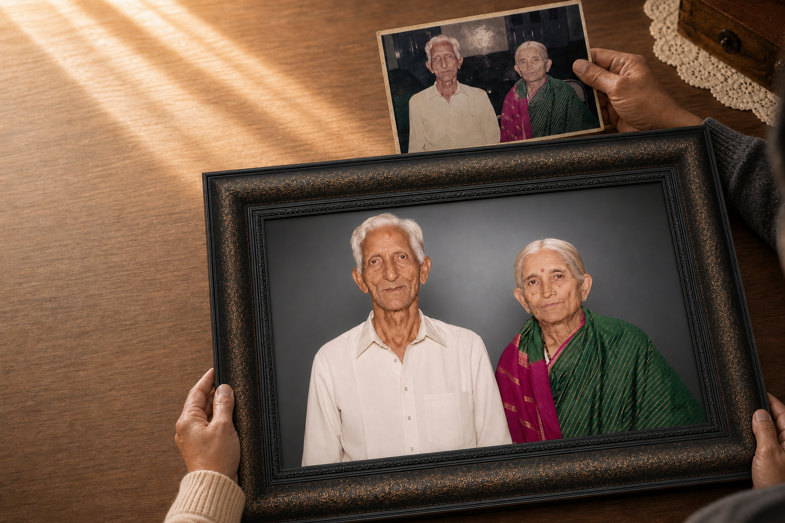 A restored portrait of an elderly couple in a large premium frame beside their original photograph
